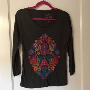 Lucky Brand. Embroidered gray three quarter sleeve